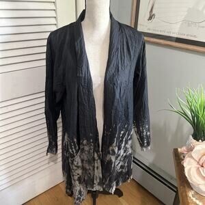 HARUBELLA Womens Jacket Medium Black Tie Dye Crinkle Open Boho Lagenlook Artsy